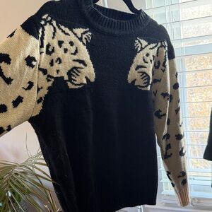 Black & Cream Leopard Motif Crewneck Sweater - Women's